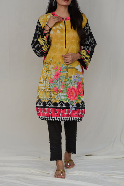 Vibrant 2-Pc Yellow Floral Kurta with Black Trousers for Women