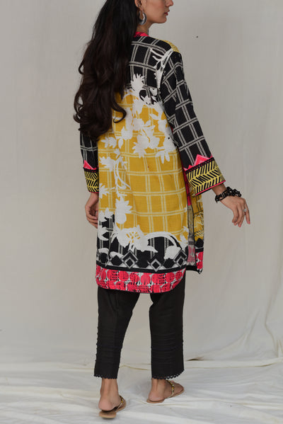 Vibrant 2-Pc Yellow Floral Kurta with Black Trousers for Women