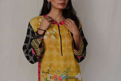 Vibrant 2-Pc Yellow Floral Kurta with Black Trousers for Women