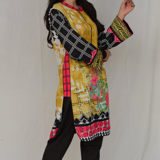 Vibrant 2-Pc Yellow Floral Kurta with Black Trousers for Women