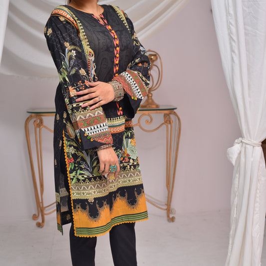 2 Pc Black Yellow Printed Lawn Suit for Women with trousers