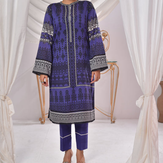 2 Pc Ready-to-Wear Blue Black printed lawn Suit with Detailed Sleeves