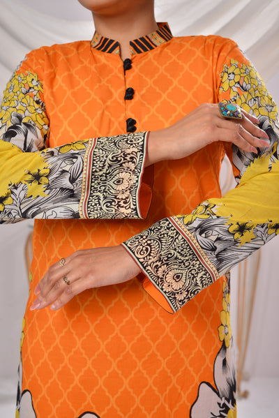 2 Pc Ready-to-Wear Orange and Yellow Printed Kurti with Floral Sleeves