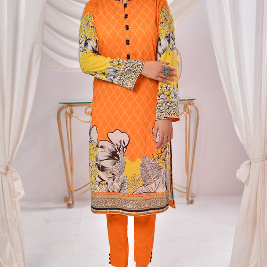 2 Pc Ready-to-Wear Orange and Yellow Printed Kurti with Floral Sleeves