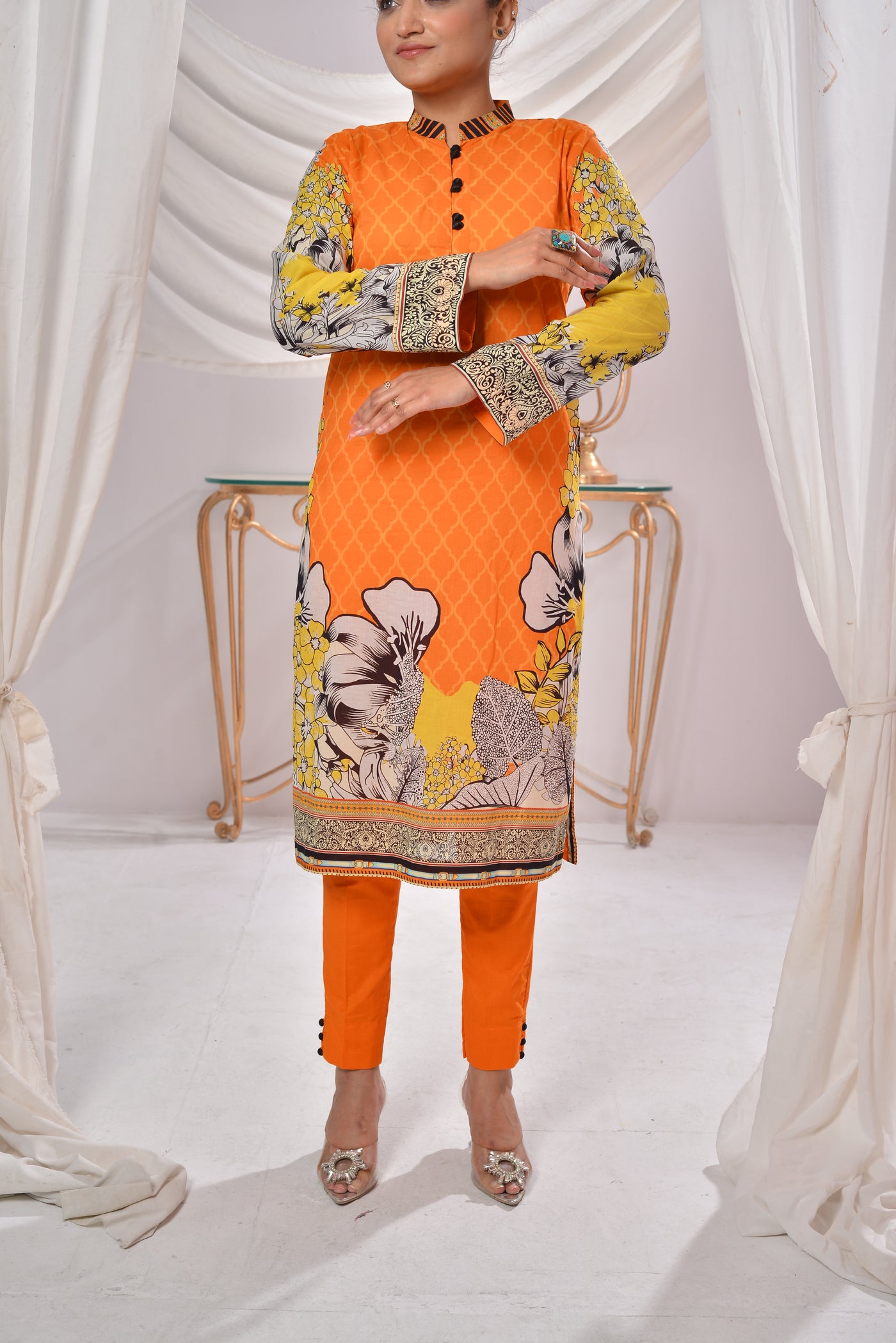 2 Pc Ready-to-Wear Orange and Yellow Printed Kurti with Floral Sleeves