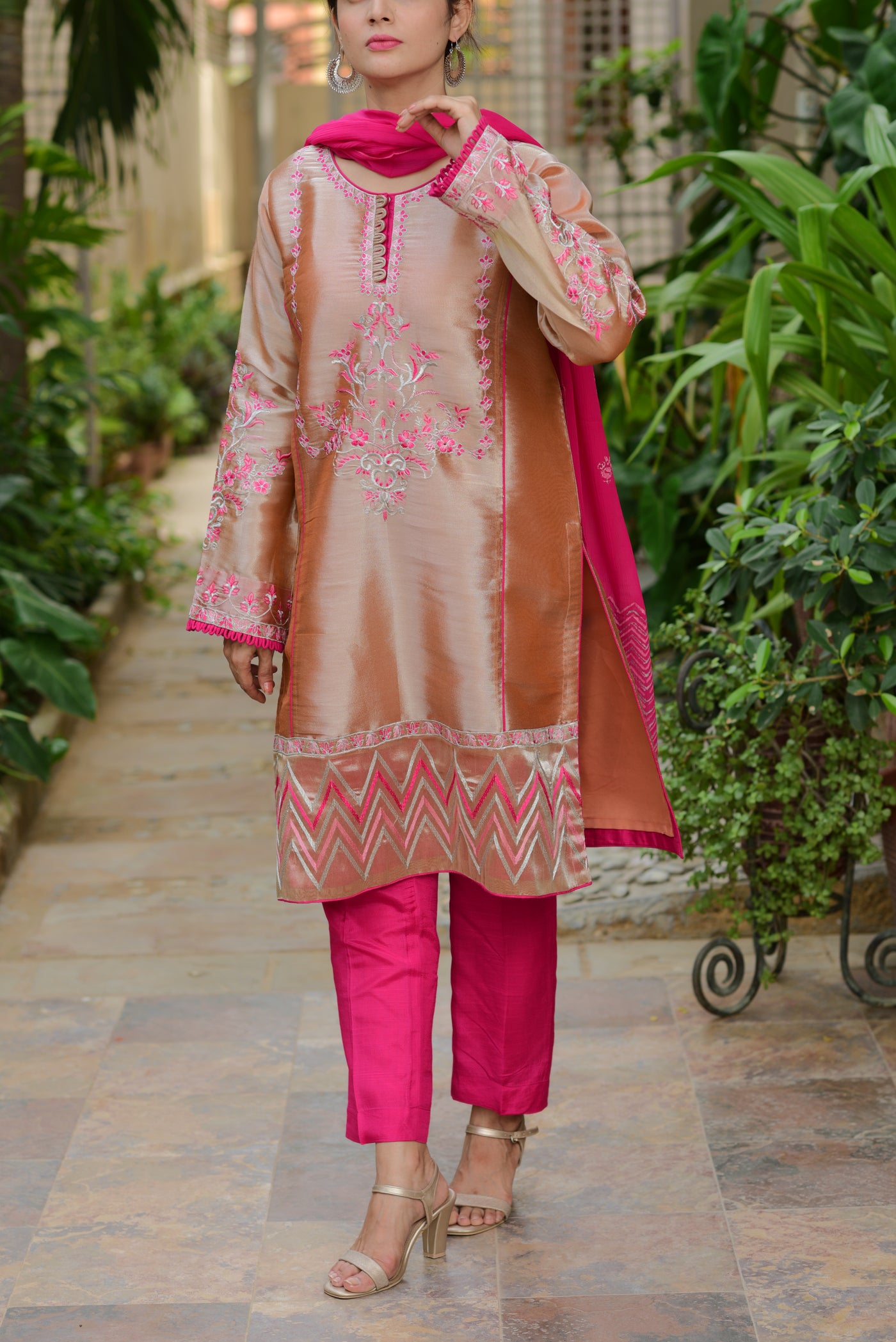 Orange Lamé Tissue fabric Embroidered Set with Vibrant Pink Dupatta