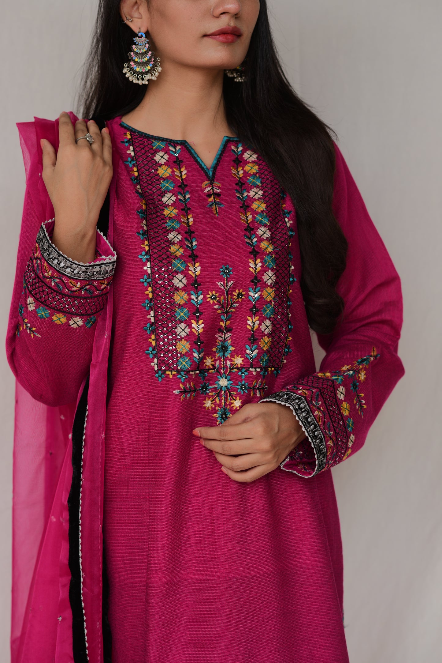 3 Pc Ready-to-Wear Magenta Embroidered Kurti Set with Dupatta for Women