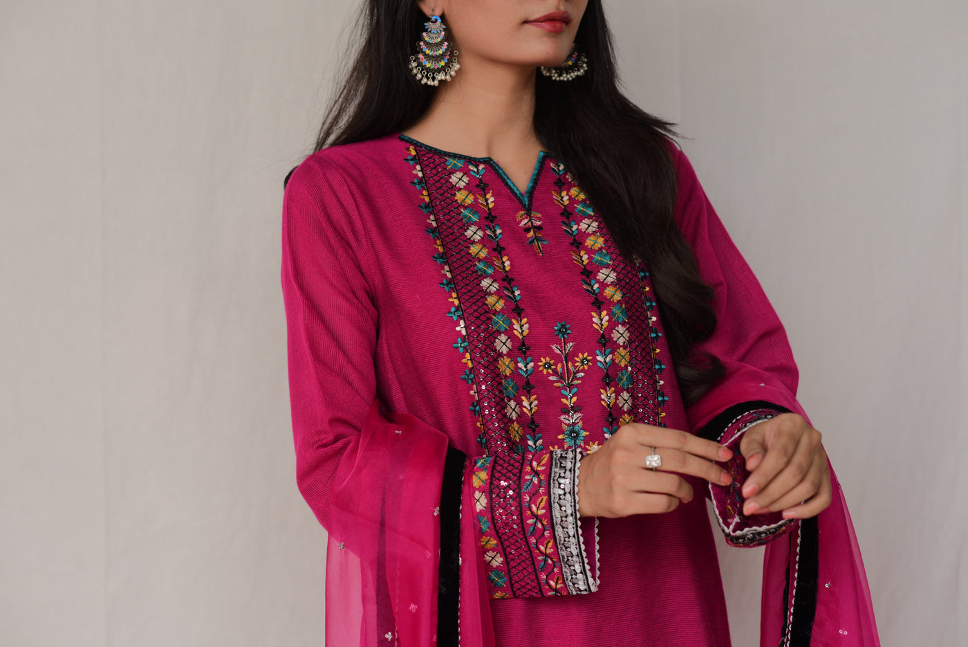 3 Pc Ready-to-Wear Magenta Embroidered Kurti Set with Dupatta for Women