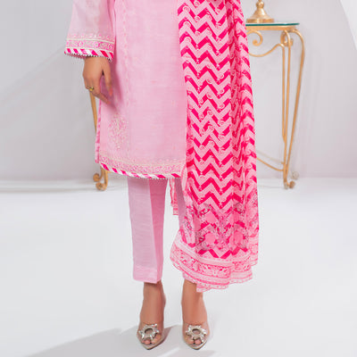 Elegant Pink Embroidered Khaddi-Net Suit with Digitally printed Silk Dupatta