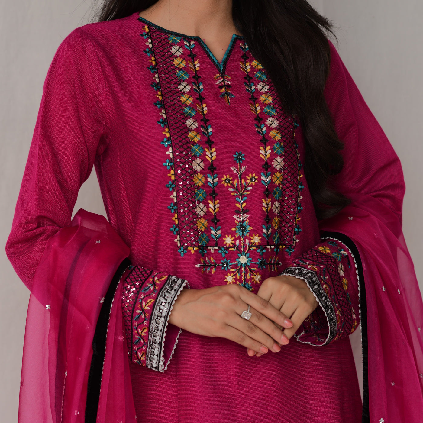 3 Pc Ready-to-Wear Magenta Embroidered Kurti Set with Dupatta for Women