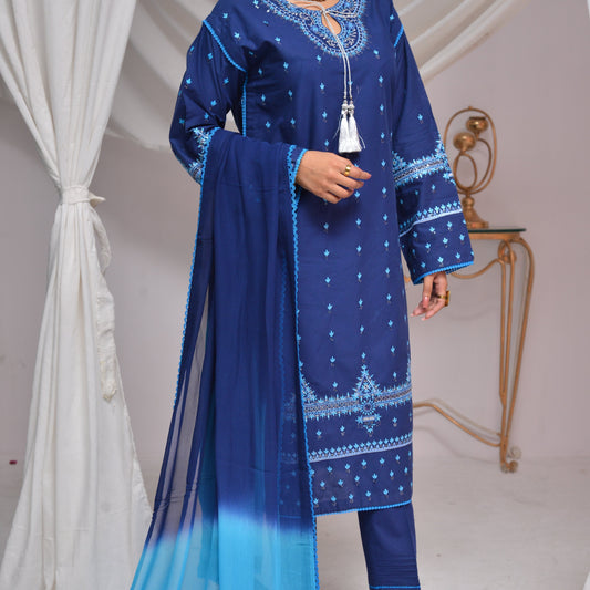 3 Pc Navy Blue Embroidered Suit for Women with Dupatta and Trousers