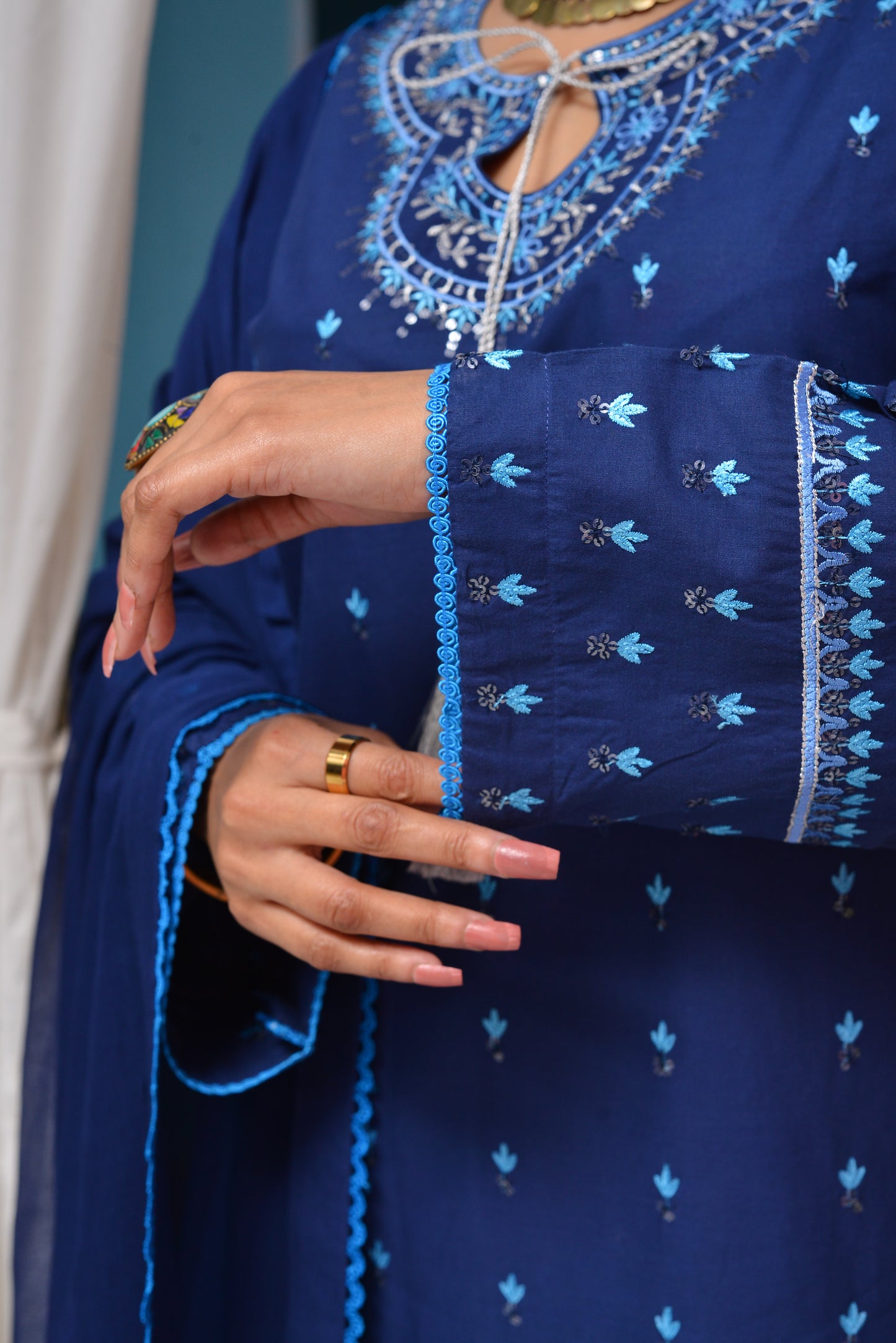 3 Pc Navy Blue Embroidered Suit for Women with Dupatta and Trousers