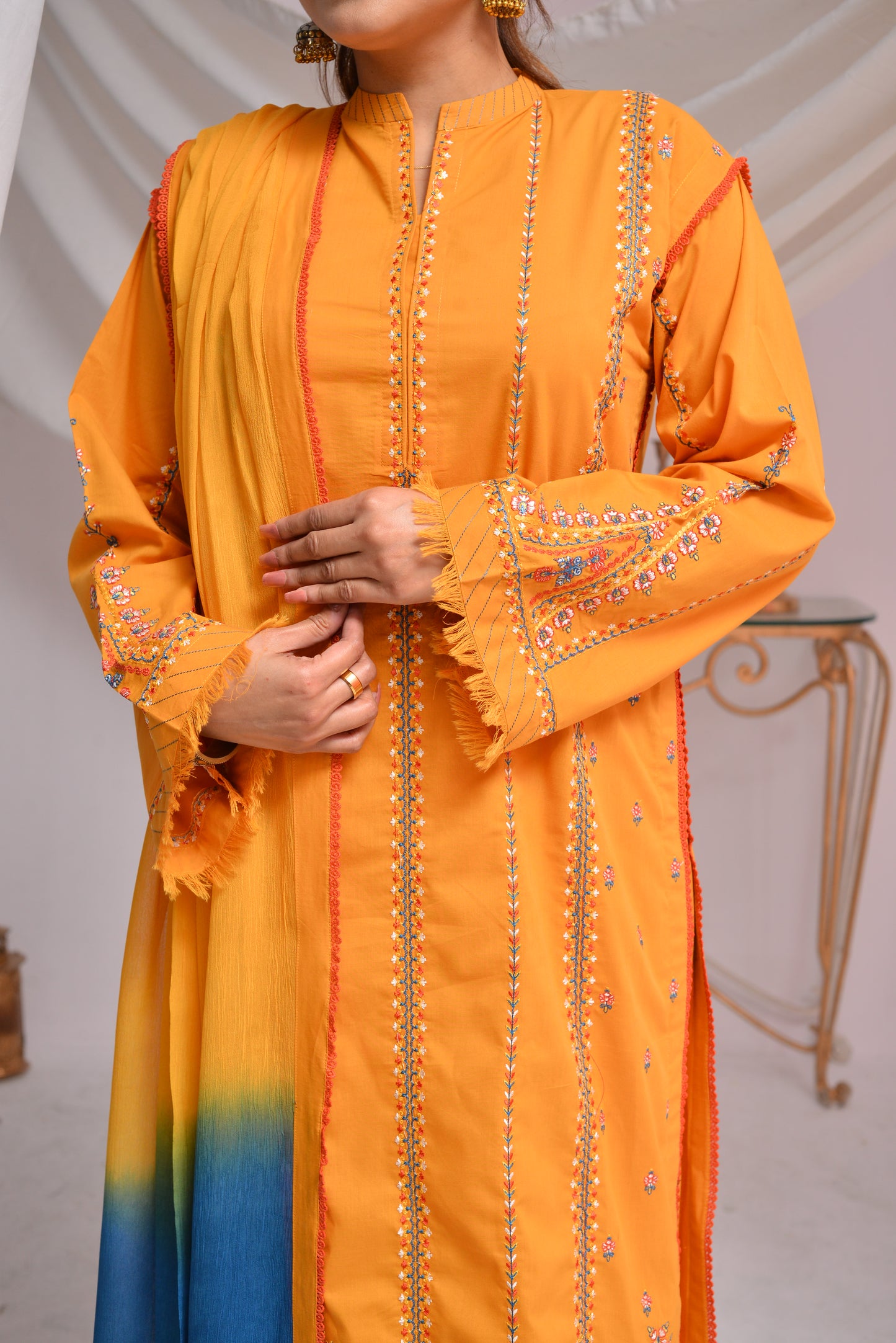 Elegant 3-Piece Ready to Wear Mustard Embroidered Suit with Dupatta