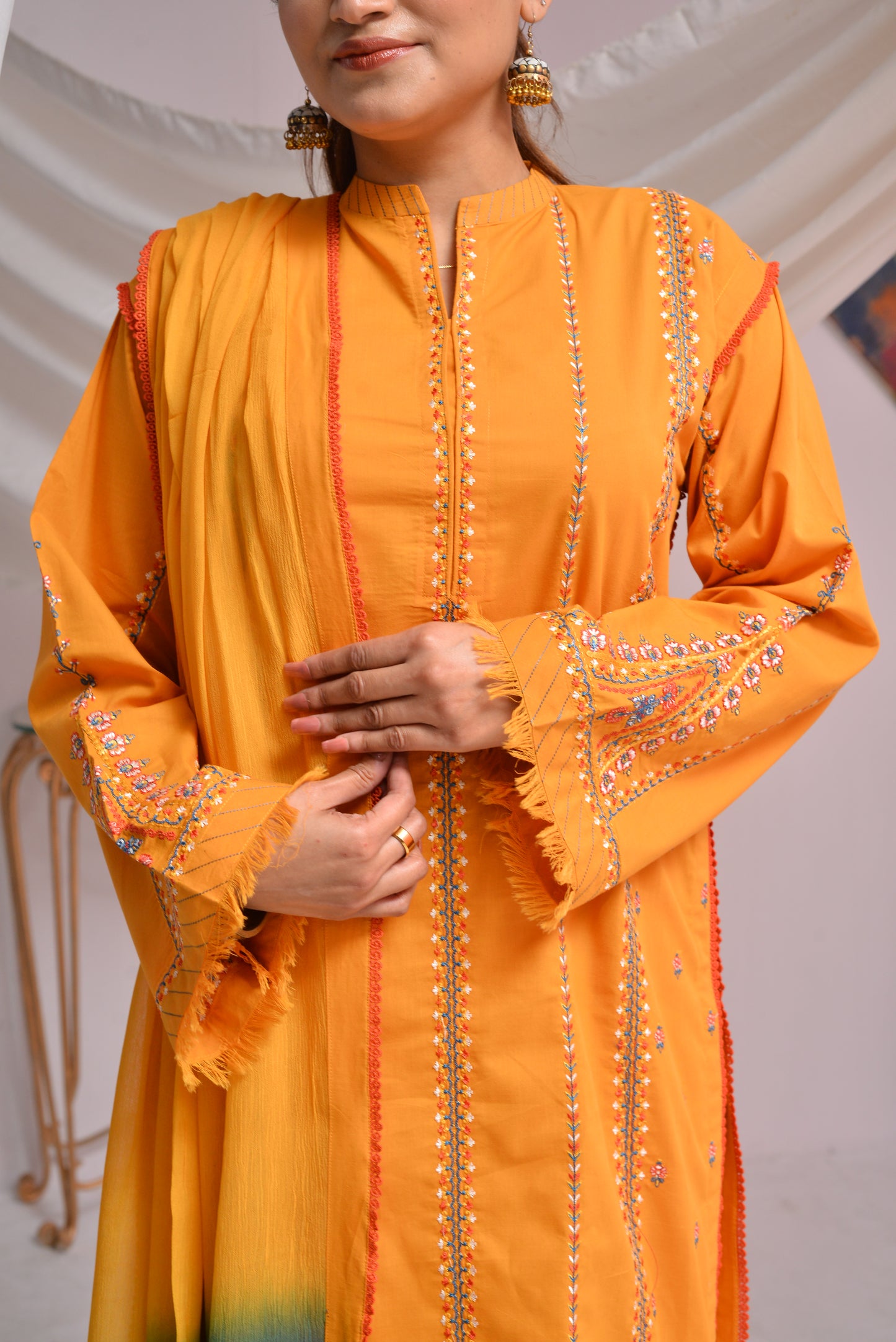 Elegant 3-Piece Ready to Wear Mustard Embroidered Suit with Dupatta