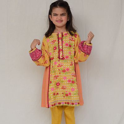 2 Pc Ready to Wear Yellow Floral Kurta Set for Girls with Trousers-Khaddar Digital Print